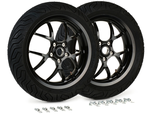 Y-5-Speichen-Komplettrad-Set vorne+hinten - BGM PRO SPORT - 130+140/60-13 Michelin City Grip 2 - Vespa GTS/GTV/HPE 125-300 ccm - schwarz-glänzend